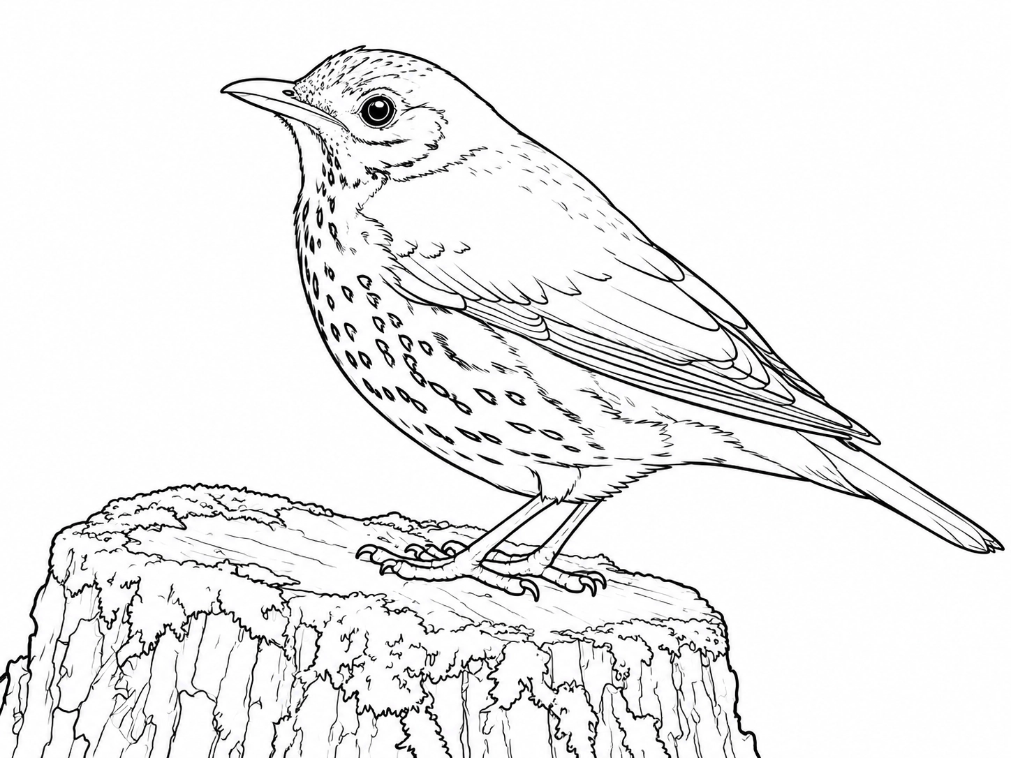 Line-art coloring page of a robin perched on a branch